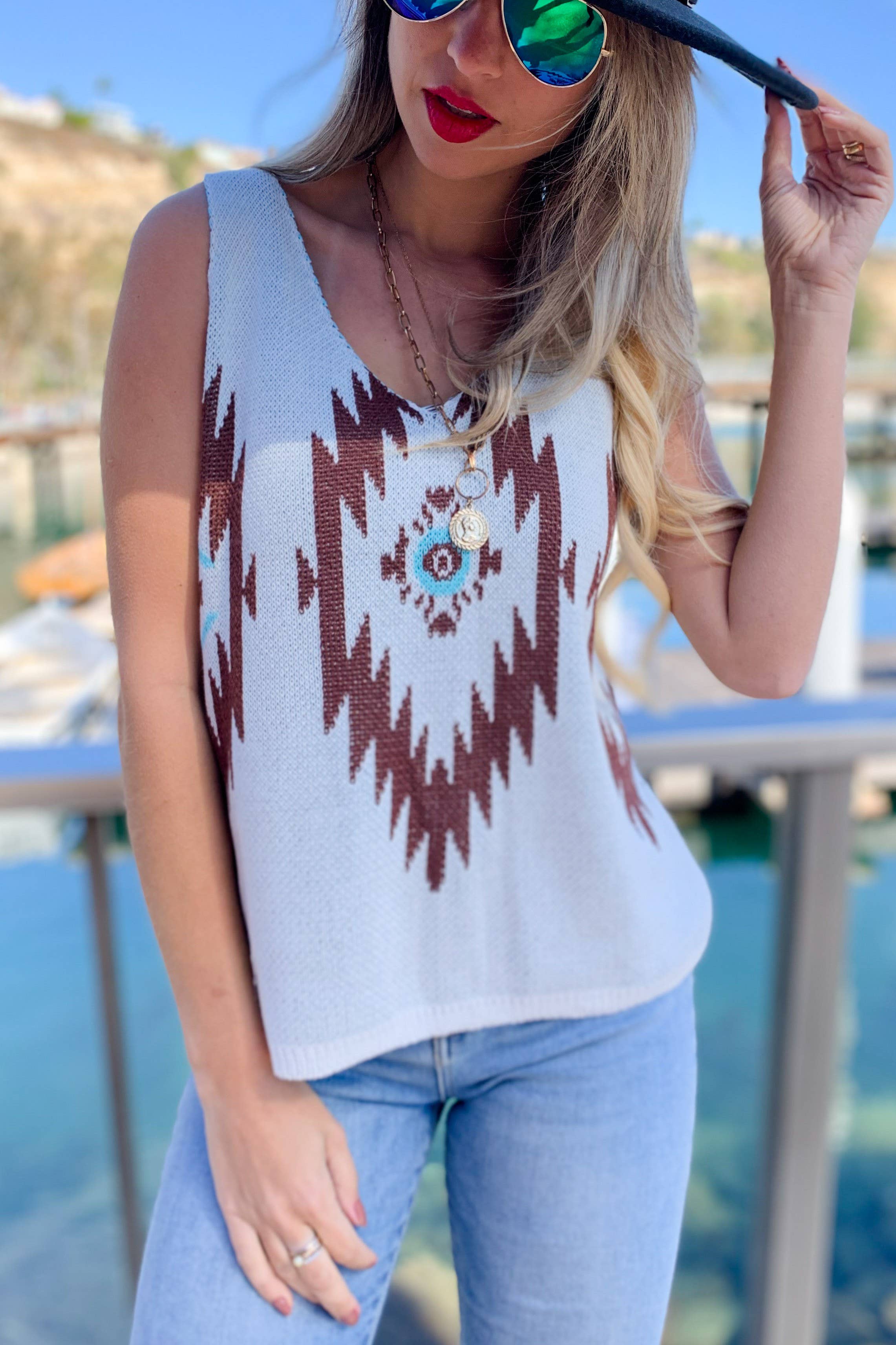 AMOLI - Multi Aztec Print Sleeveless V-Neck Knit Cami Tank Top