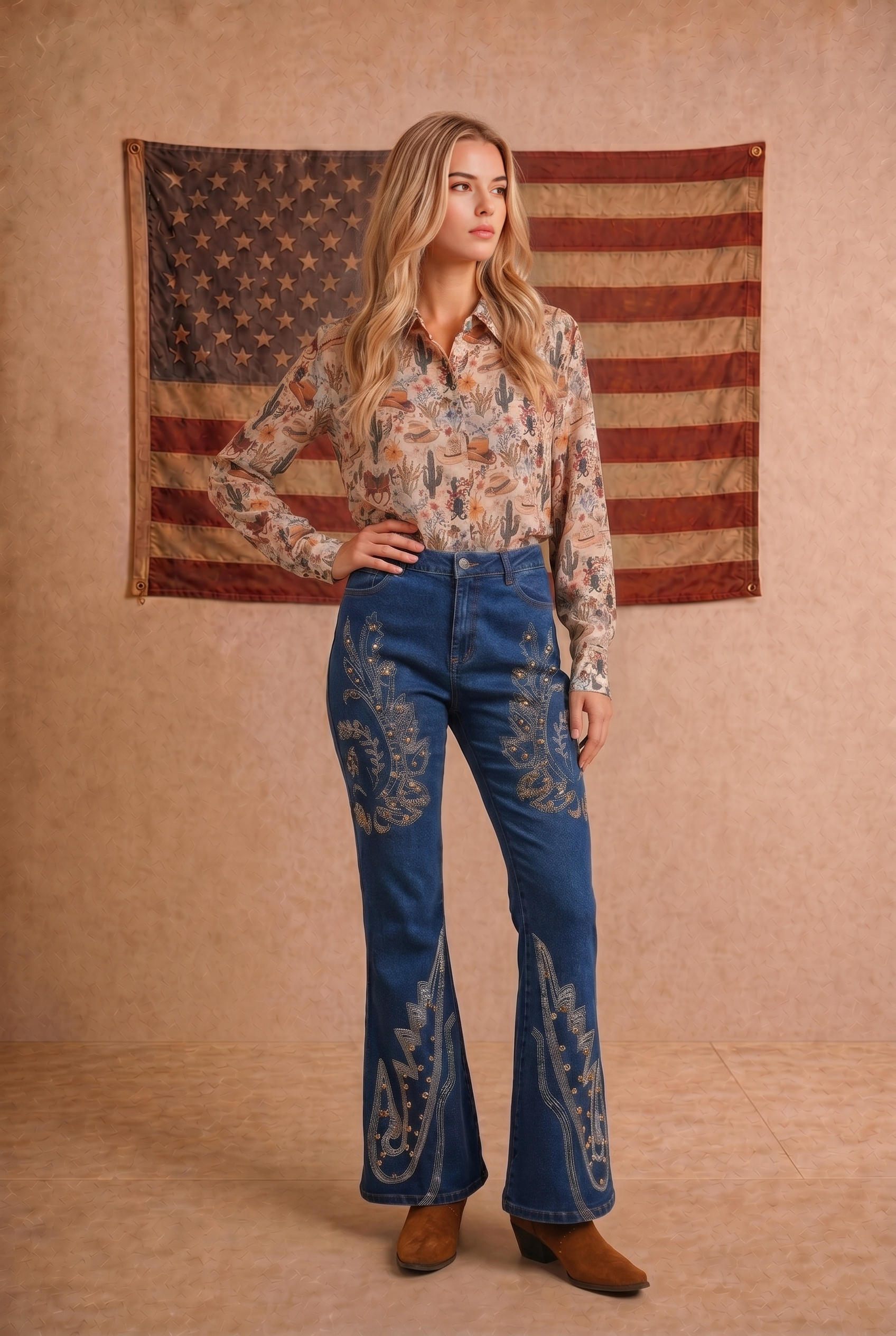 BONA BRAND - Western Print Chiffon Button Up Blouse