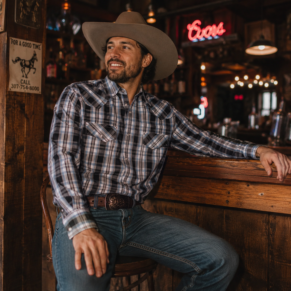 CowboyLegend - Men's Navy Plaid Long Sleeve Cowboy Western Snap Shirt