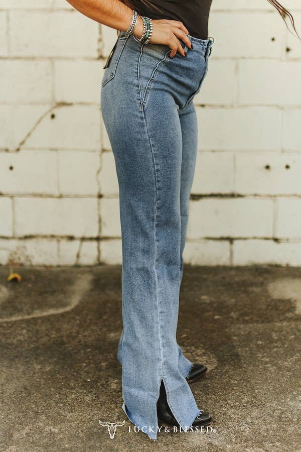 LUCKY & BLESSED - Mid Wash High Rise Boot Cut Jeans W Side Slit Hem