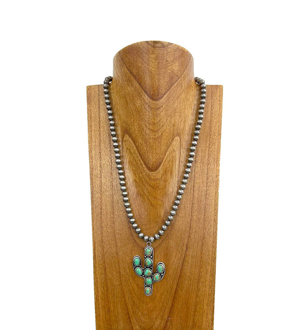 Western Elite Jewelry - NKY250109-35          23 Inches silver Navajo pearl beads with blue turquoise stone cactus pendent Necklace