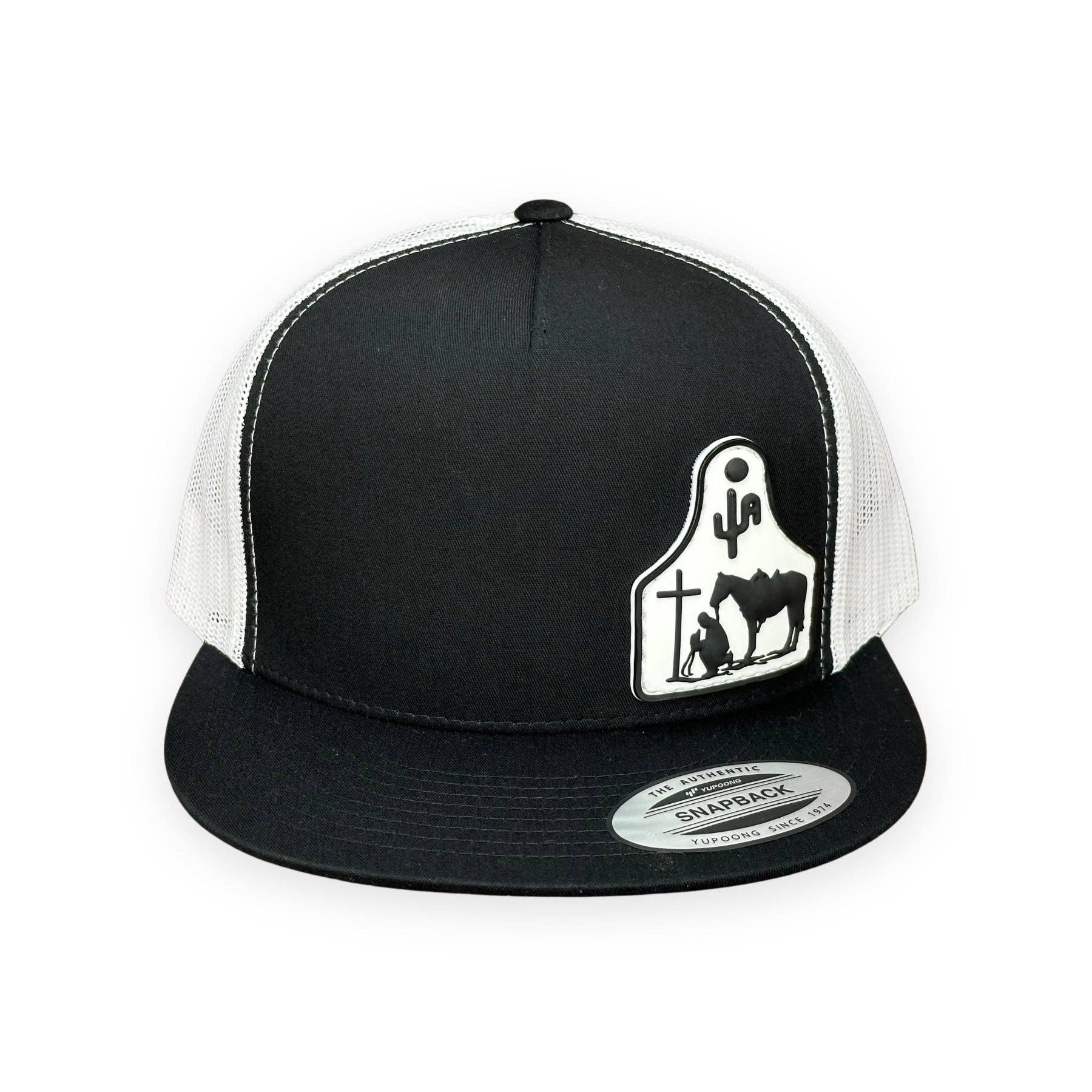 Cactus Alley Hat Co. - "Cowboy at the Cross" - 6006 Black/ White Mesh, Snapback Cap (2024)