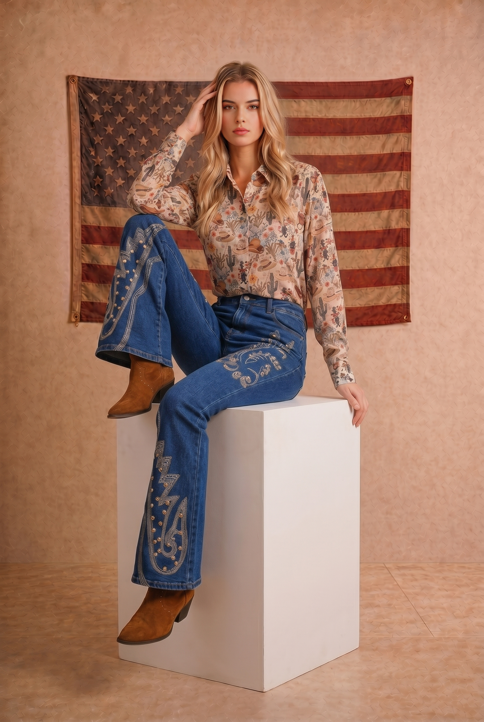 BONA BRAND - Western Print Chiffon Button Up Blouse