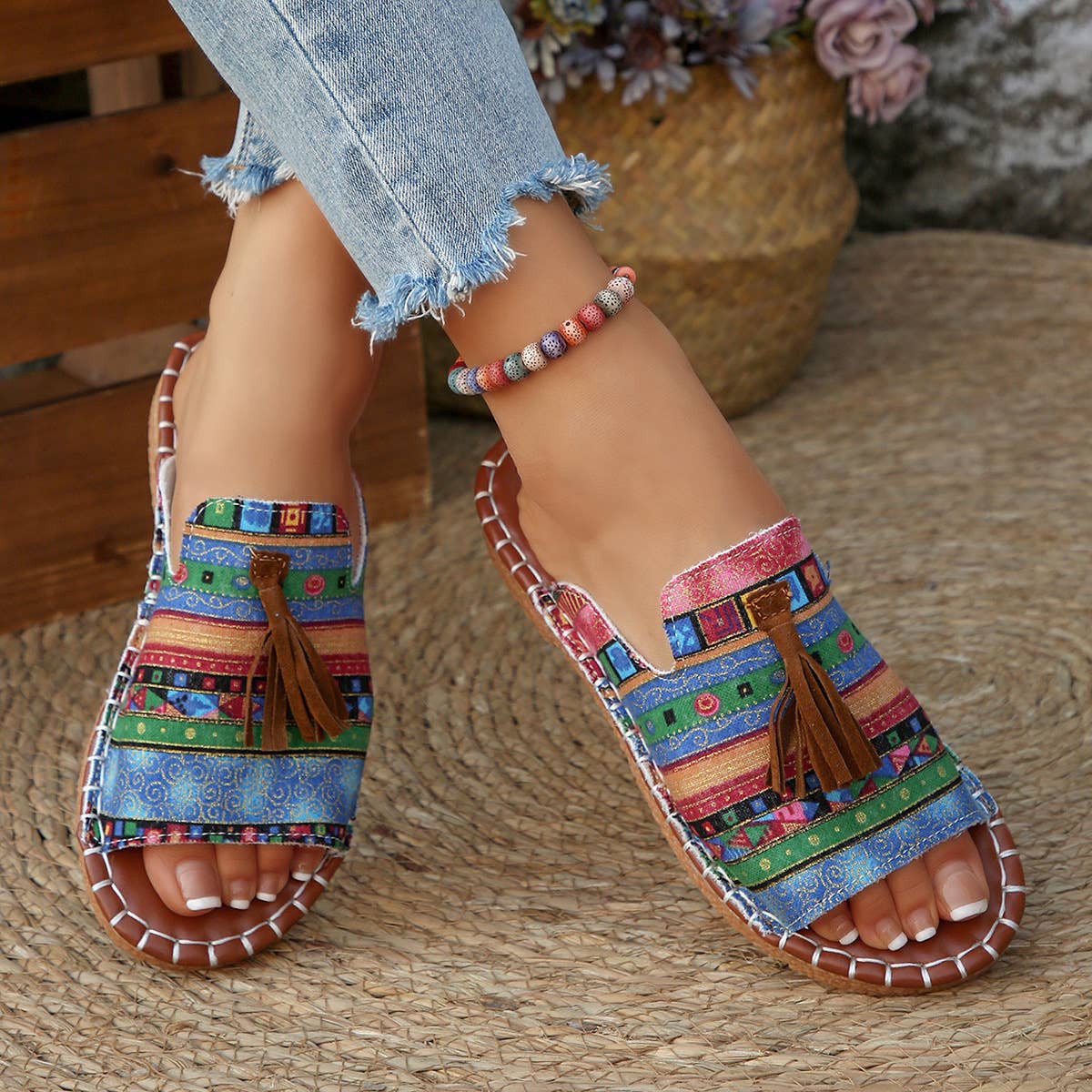 MKS America - Boho Chic Colorful Beach Sandals with Tassel Detail