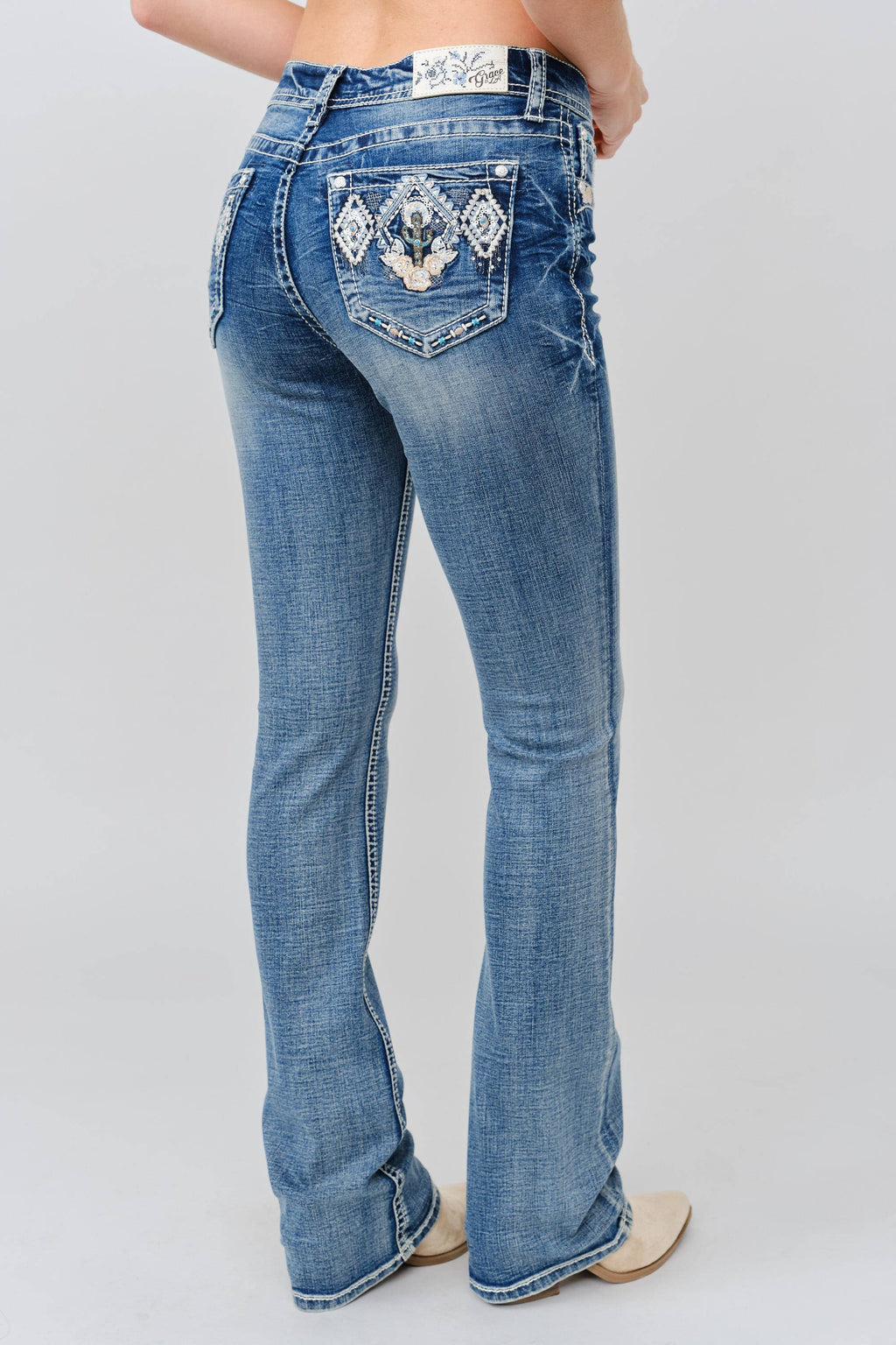 Grace in LA - Cactus & Floral Bootcut Jeans34"| EB-S845