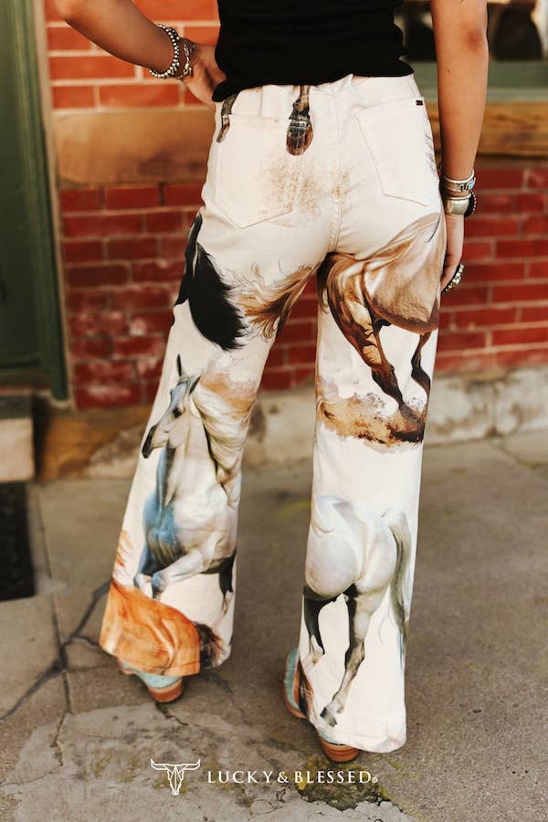 LUCKY & BLESSED - Vintage Running Horse Printed Wide Leg HighRise Jeans (32in)